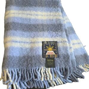 100% Pure New Wool Throw Blanket Sole Mio Thick Plaid Fringed Blue White